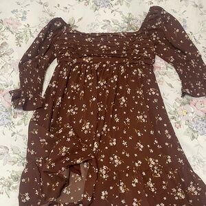 Brown Floral Dress with Ruffle Details